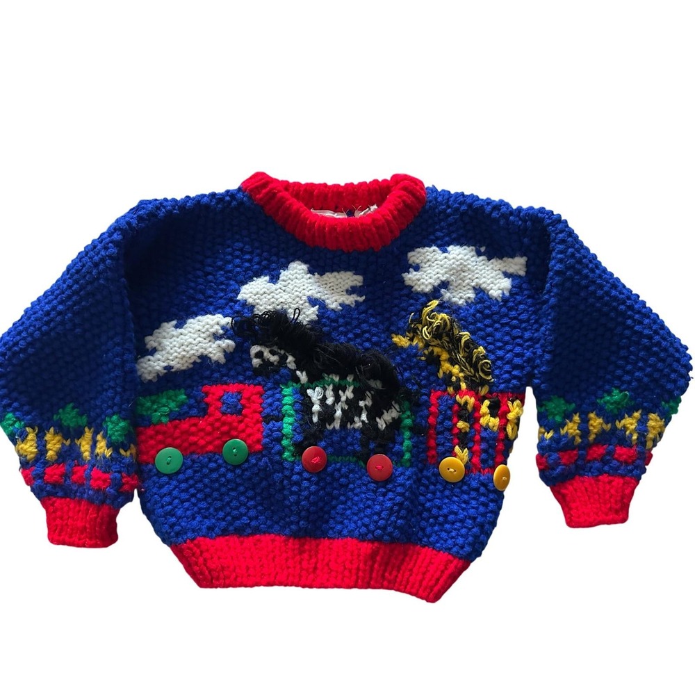 Vintage Old Fashioned Grand Knitwear Toddler 3T Circus Train Sweater Blue